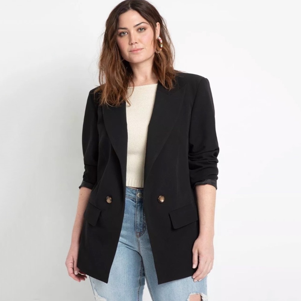 NWT Eloquii Long Relaxed Collared Open Front Blazer in Black